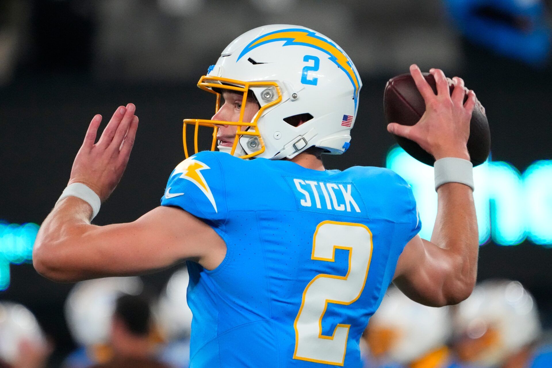 Los Angeles Chargers QB Easton Stick (2) warms up prior to a game.