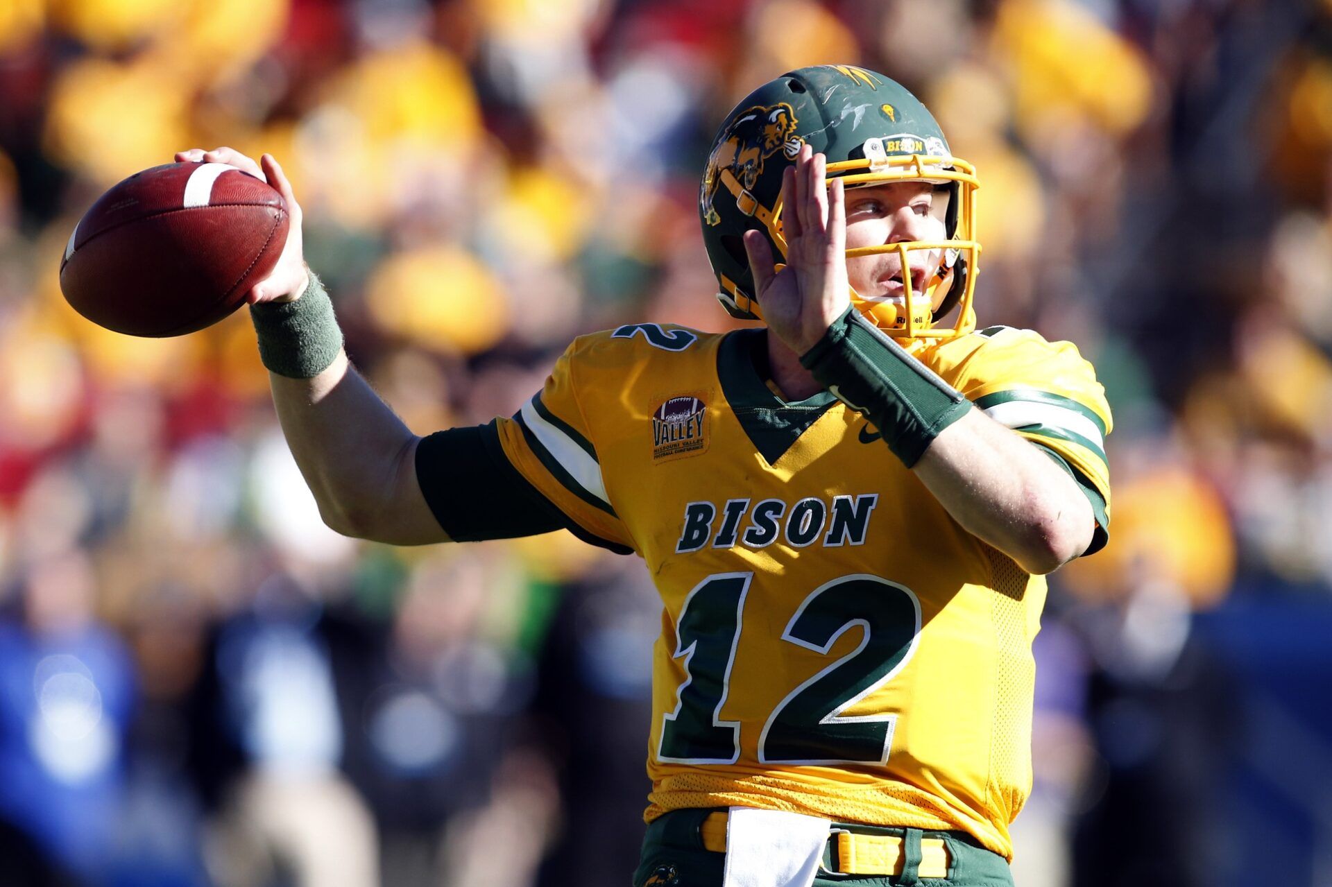 North Dakota State Bison quarterback Easton Stick (12) throws a pass in the second quarter against the Eastern Washington Eagles in the Division I Football Championship at Toyota Stadium.