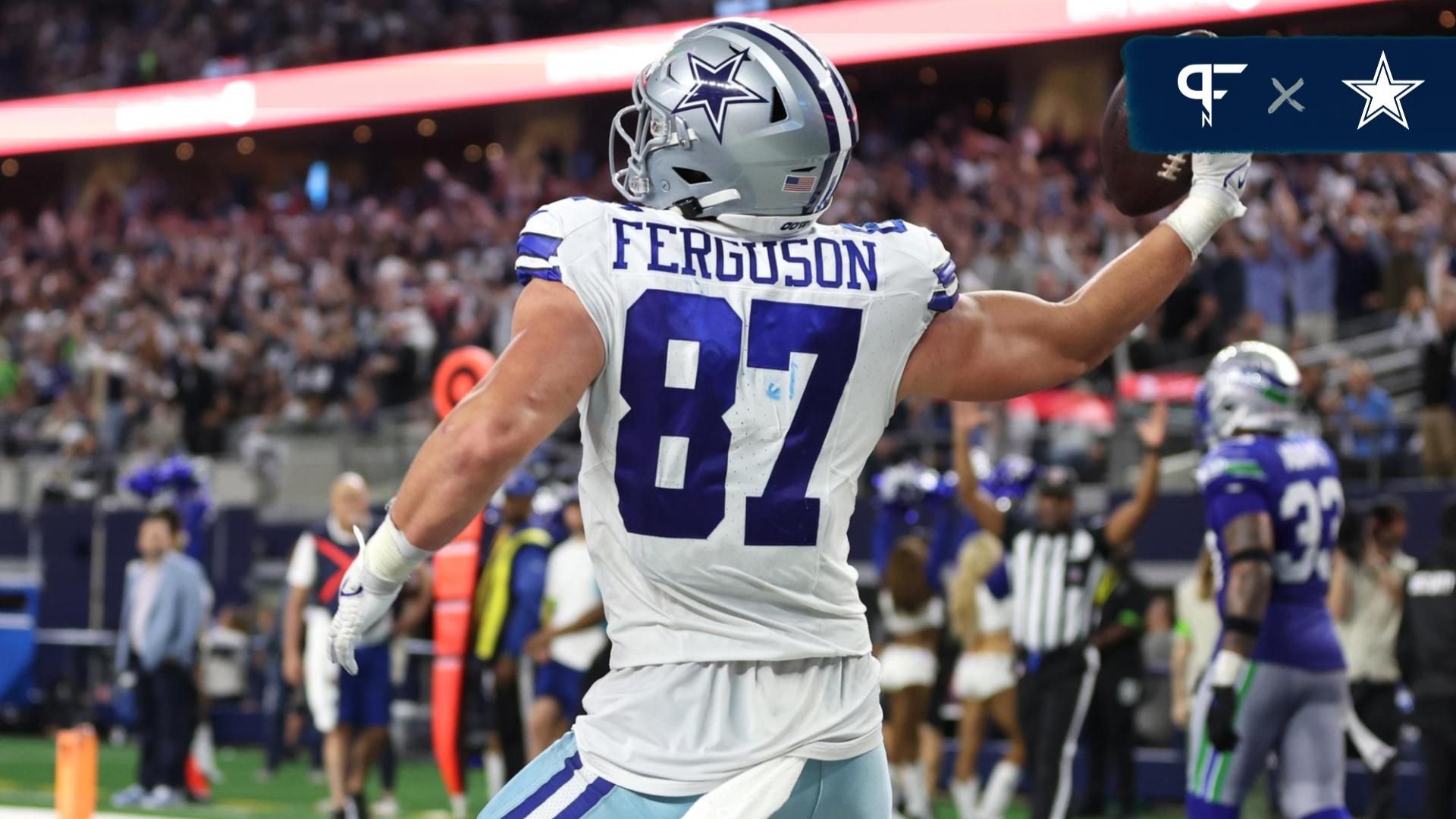 Dallas Cowboys tight end Jake Ferguson (87) celebrates after a touchdown catch during the second half against the Seattle Seahawks at AT&T Stadium.