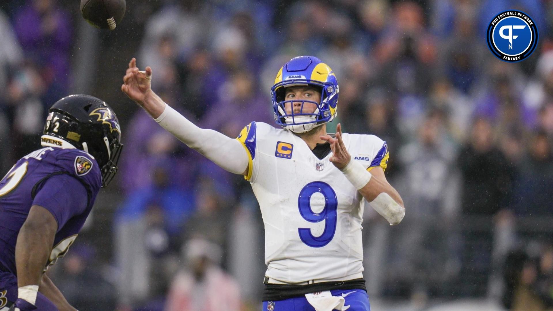 Los Angeles Rams quarterback Matthew Stafford (9) passes against the Baltimore Ravens during the fourth quarter at M&T Bank Stadium.