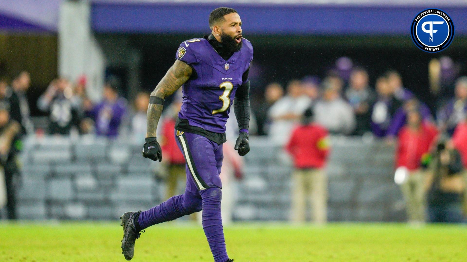 Baltimore Ravens wide receiver Odell Beckham Jr. (3) celebrates after winning the coin toss before overtime against the Los Angeles Rams at M&T Bank Stadium