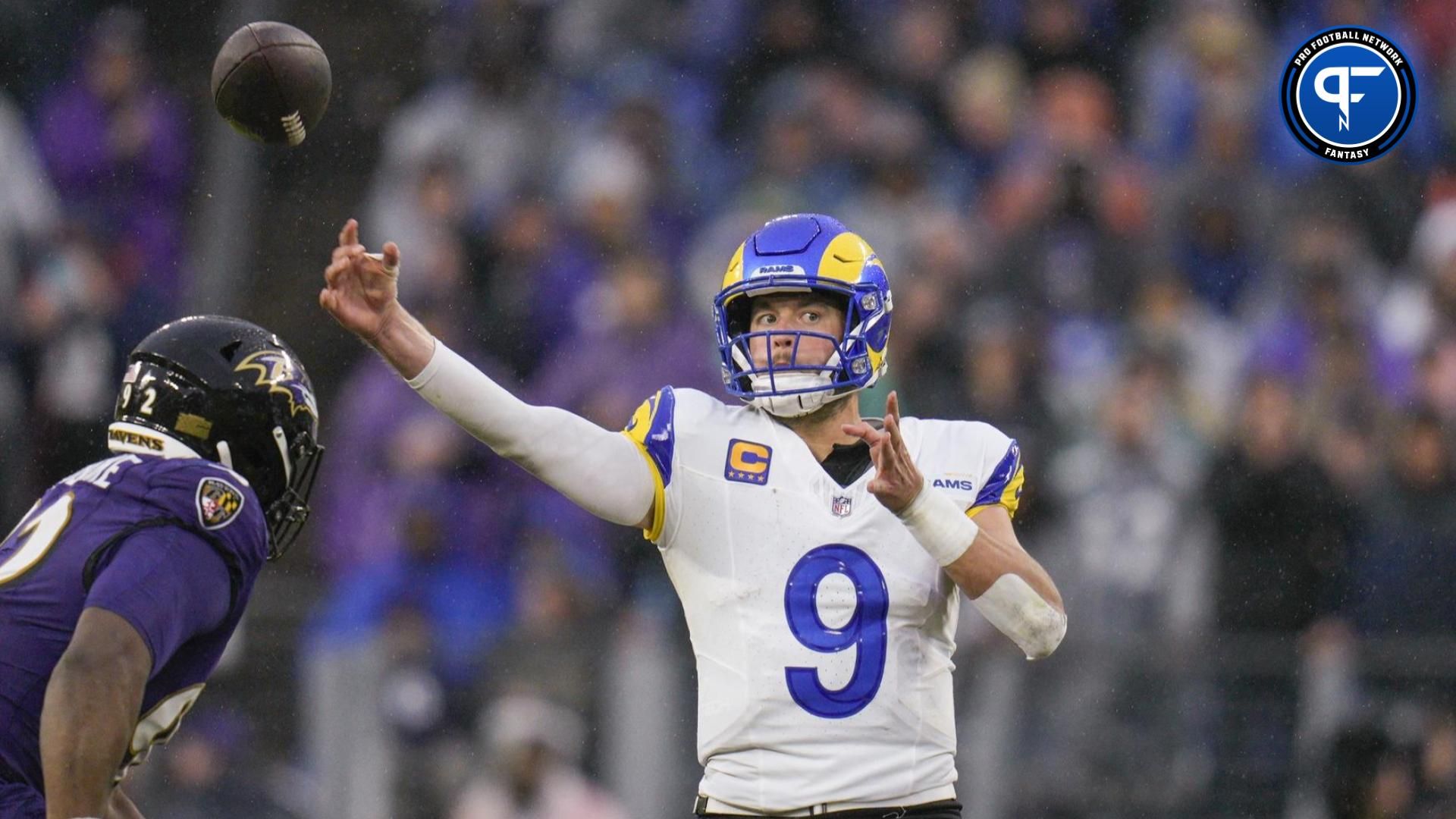 Los Angeles Rams quarterback Matthew Stafford (9) passes against the Baltimore Ravens during the fourth quarter at M&T Bank Stadium.