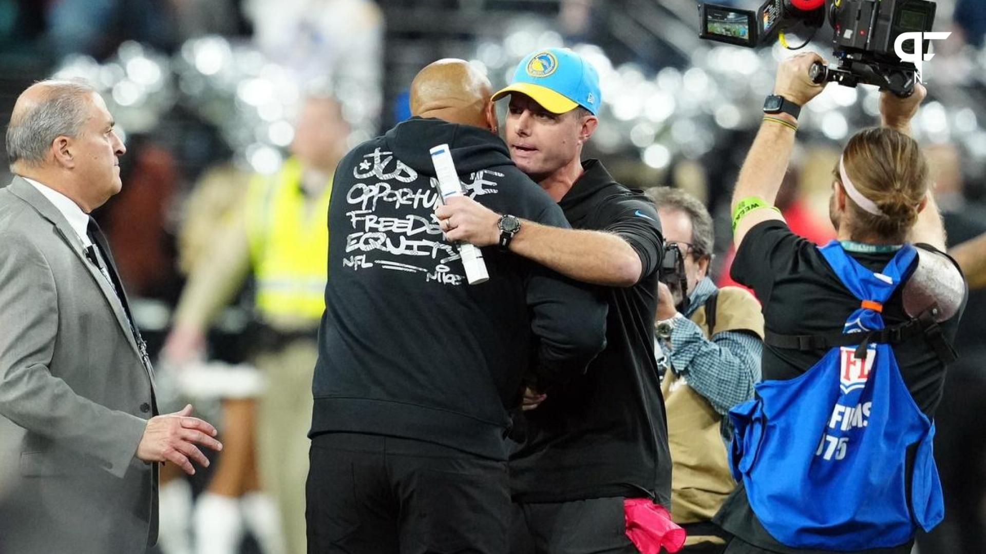 Los Angeles Chargers head coach Brandon Staley embraces Las Vegas Raiders head coach Antonio Pierce after the game at Allegiant Stadium.