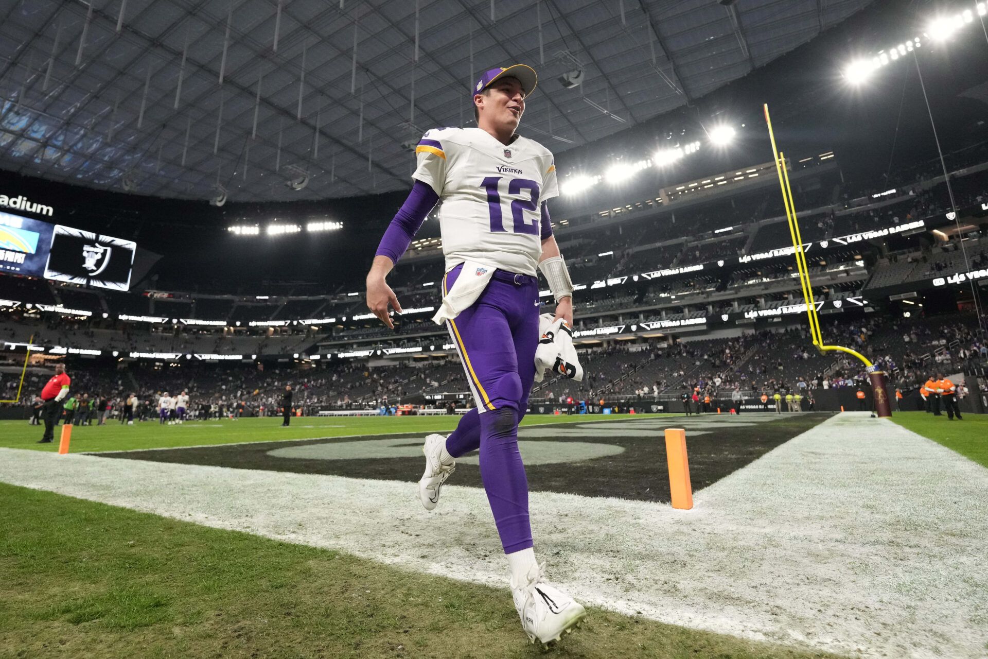 Minnesota Vikings quarterback Nick Mullens (12) celebrates after the game against the Las Vegas Raiders at Allegiant Stadium.