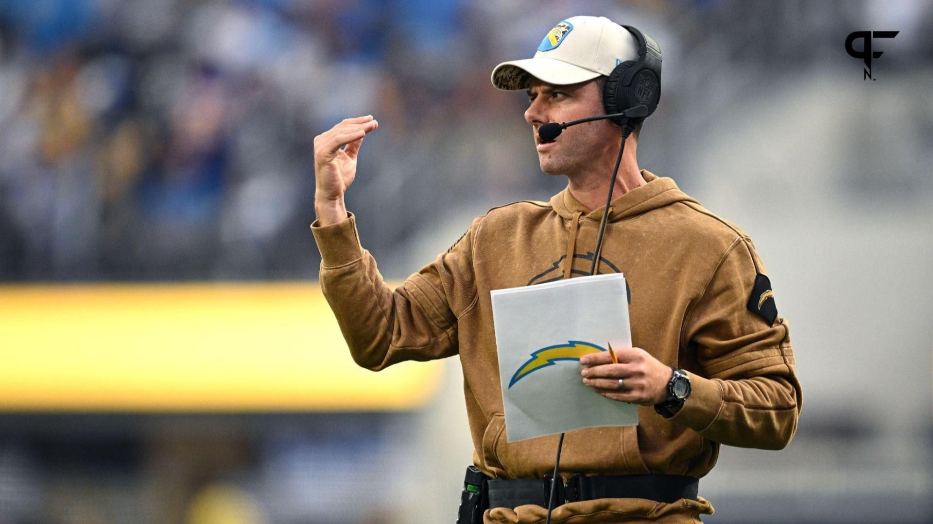 Los Angeles Chargers head coach Brandon Staley gestures during the first half against the Detroit Lions at SoFi Stadium.