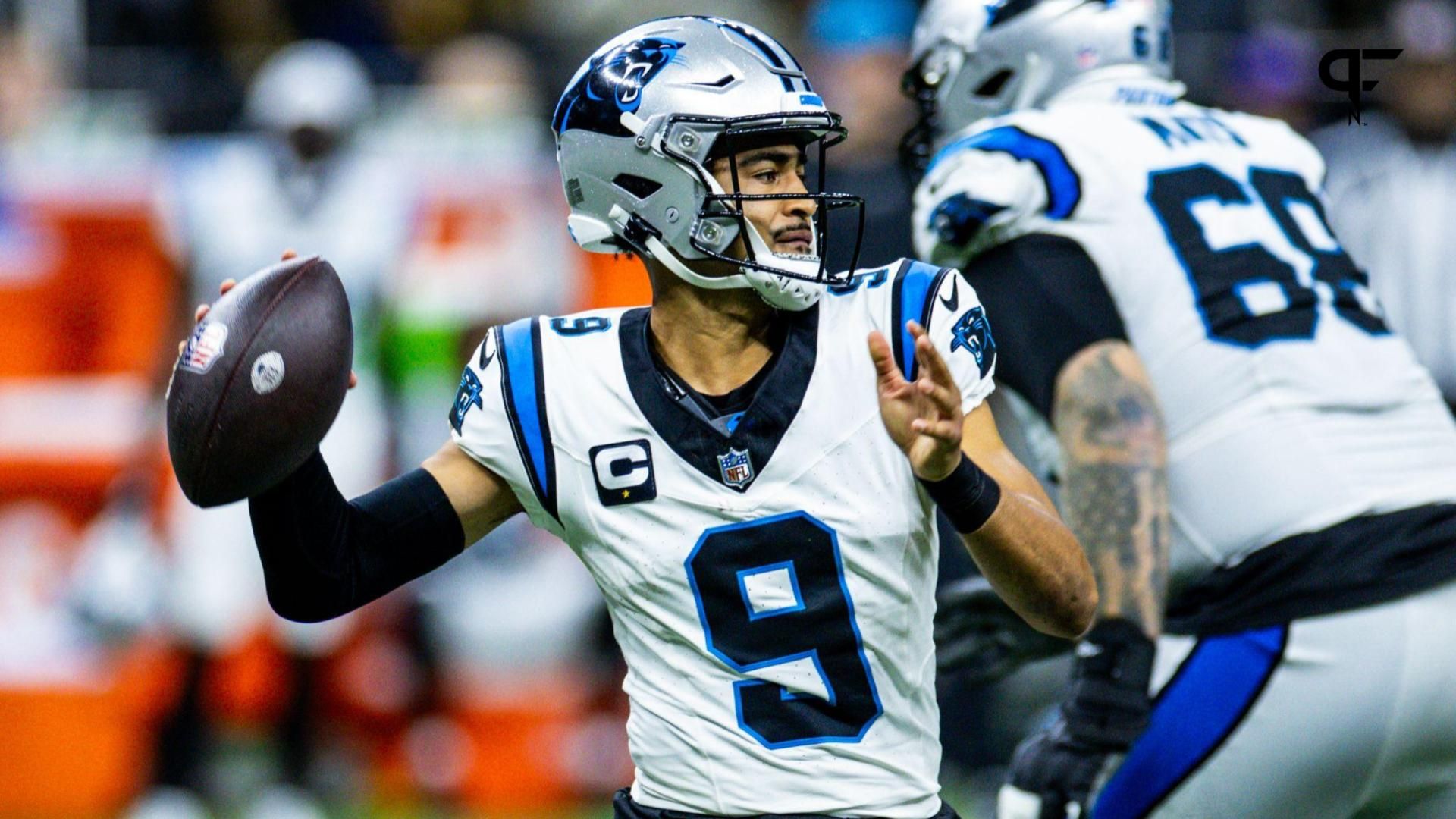 Carolina Panthers quarterback Bryce Young (9) passes against the New Orleans Saints during the second half at the Caesars Superdome.