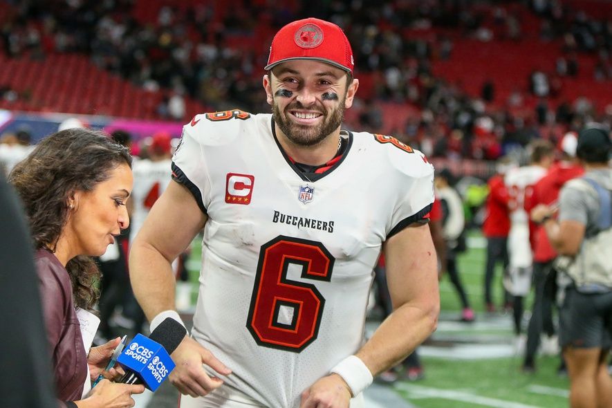 Tampa Bay Buccaneers quarterback Baker Mayfield (6) celebrates after a victory against the Atlanta Falcons at Mercedes-Benz Stadium.