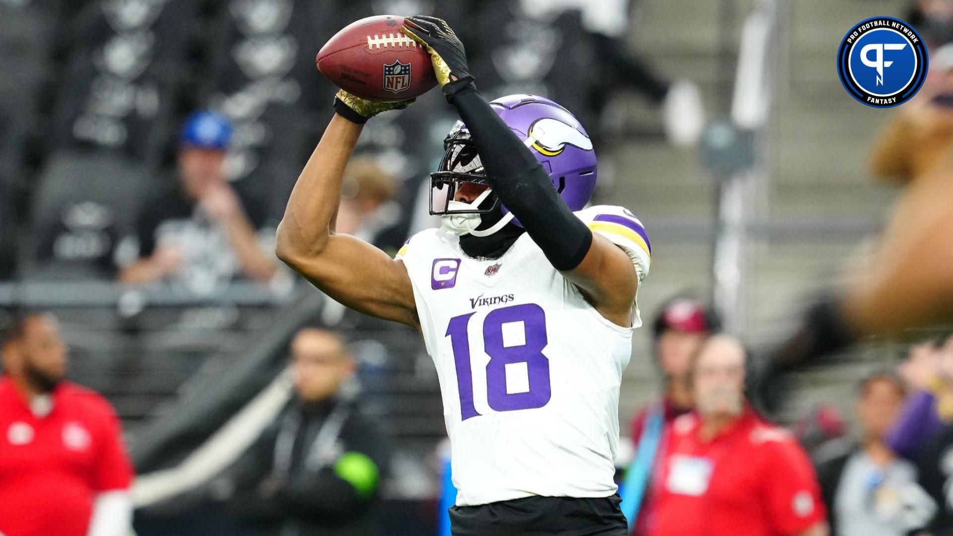 Minnesota Vikings wide receiver Justin Jefferson (18) warms up before a game against the Las Vegas Raiders at Allegiant Stadium.