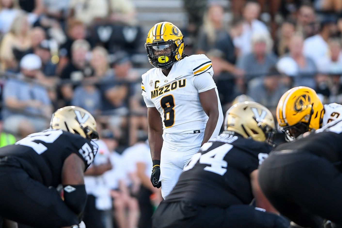 Missouri Tigers linebacker Ty'Ron Hopper (8) against the Vanderbilt Commodores during the second half at FirstBank Stadium.