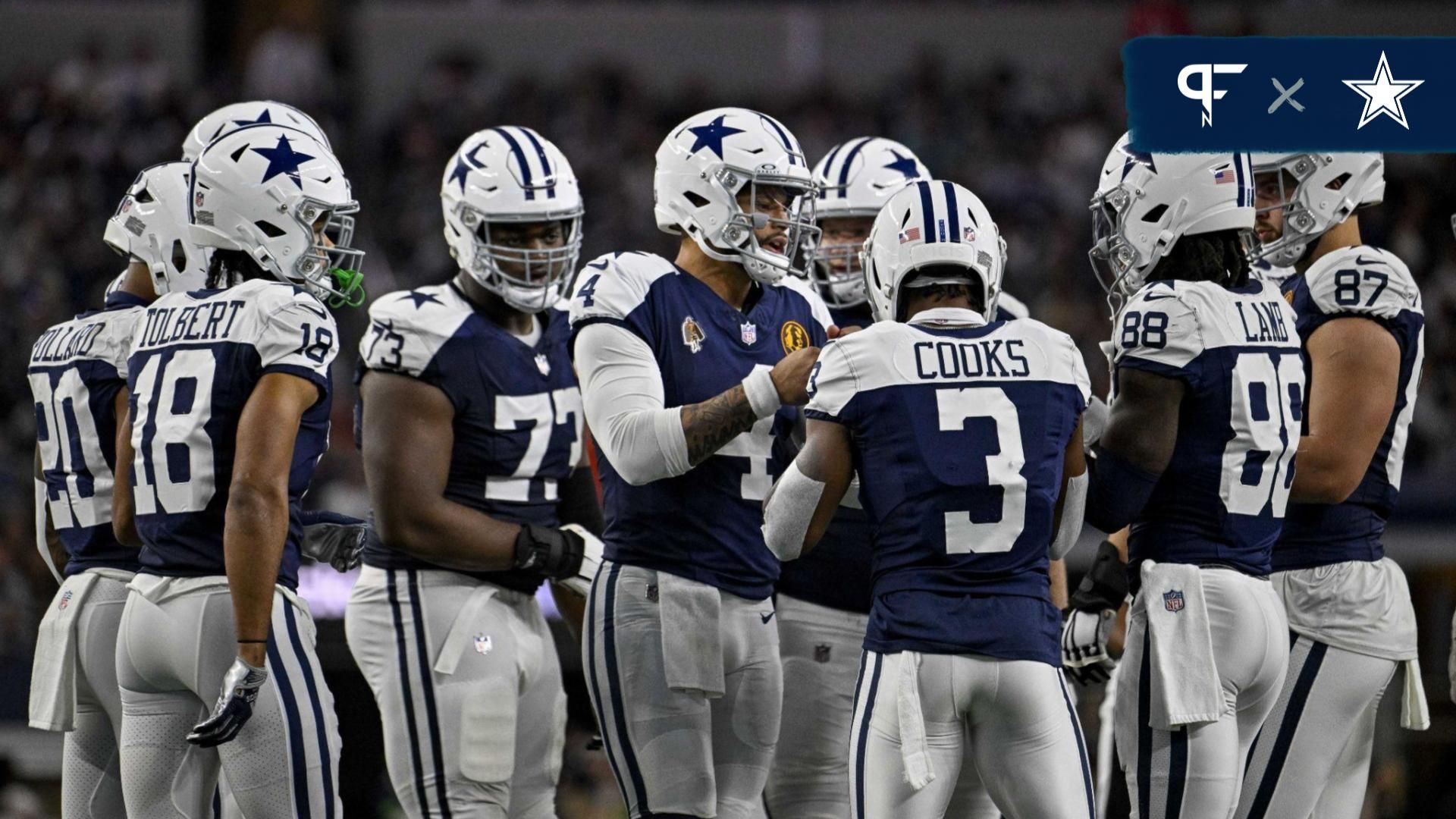 Dallas Cowboys running back Tony Pollard (20) and wide receiver Jalen Tolbert (18) and quarterback Dak Prescott (4) and wide receiver Brandin Cooks (3) and wide receiver CeeDee Lamb (88) and tight end Jake Ferguson (87) during the game between the Dallas Cowboys and the Washington Commanders at AT&T Stadium.