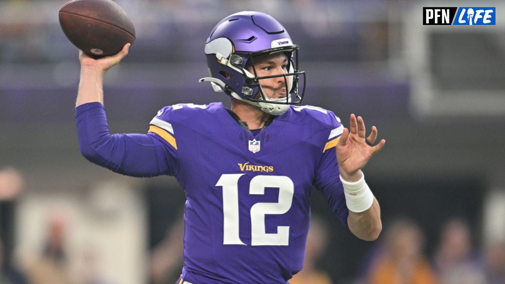 Minnesota Vikings quarterback Nick Mullens (12) throws a pass during the first quarter against the Tennessee Titans at U.S. Bank Stadium.