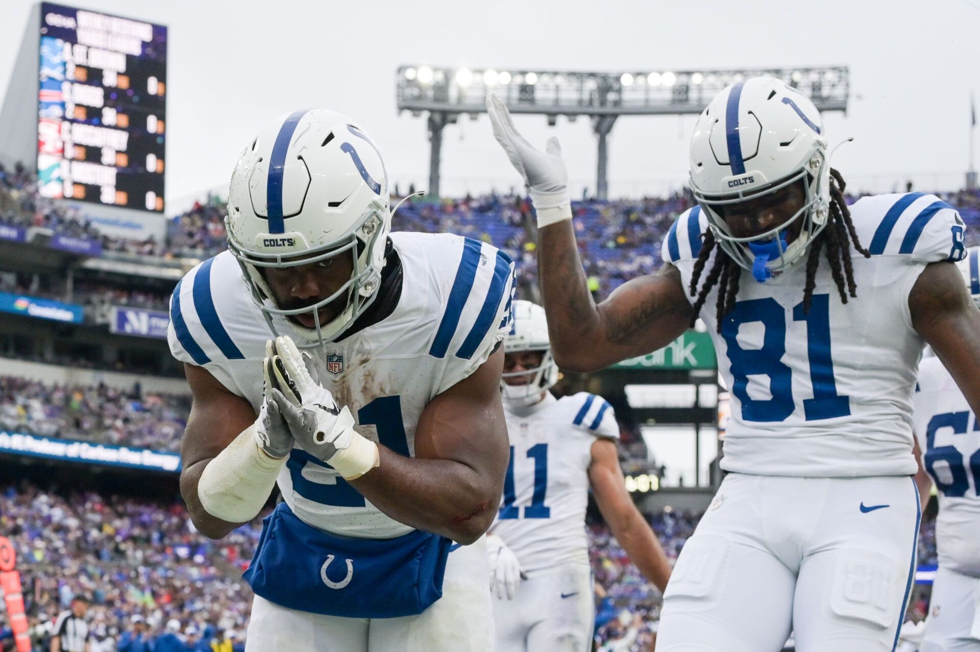 Indianapolis Colts running back Zack Moss (21) celebrates after scoring a touchdown during the first half against the Baltimore Ravens at M&T Bank Stadium.