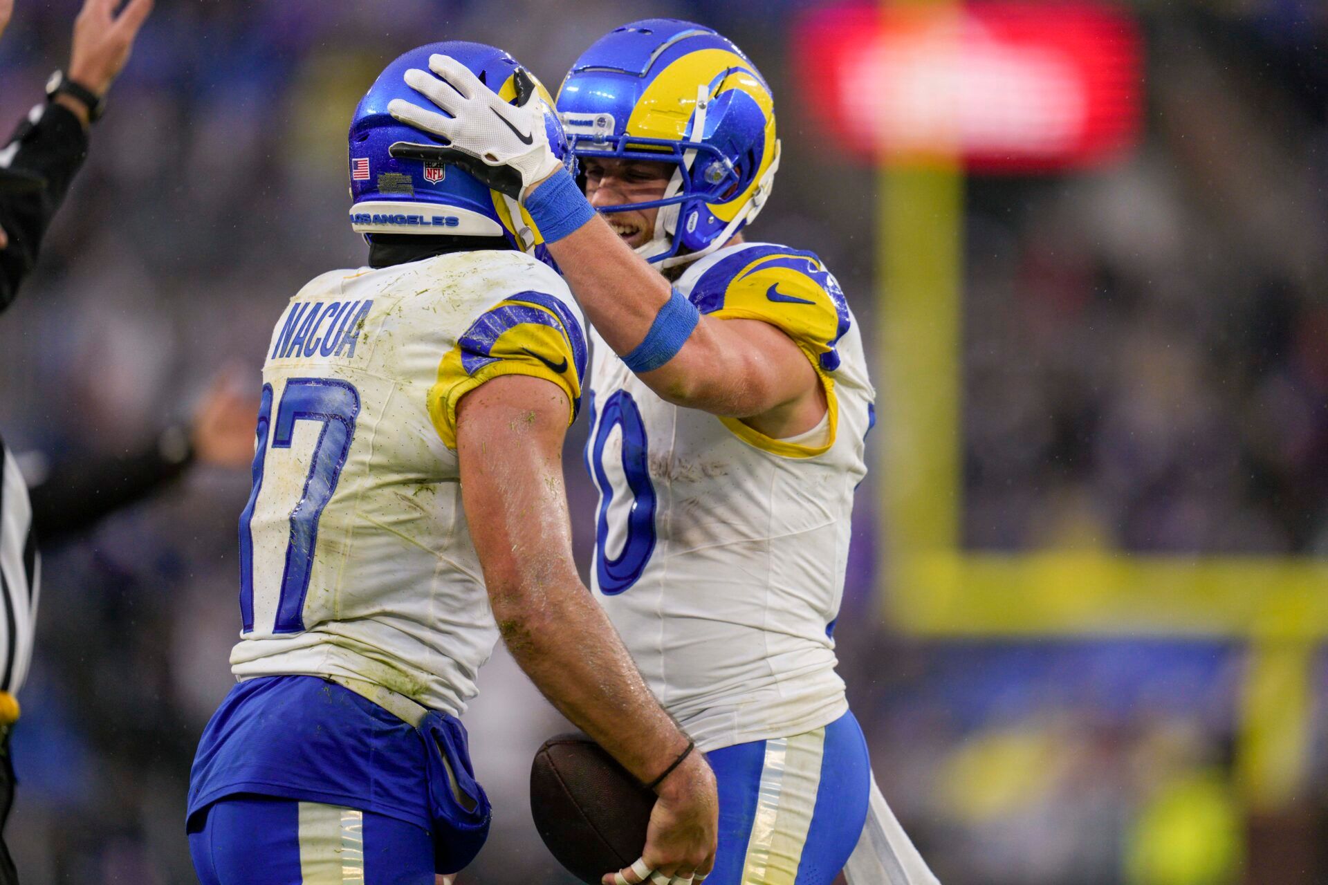 Los Angeles Rams wide receiver Puka Nacua (17) celebrates his catch against the Baltimore Ravens with wide receiver Cooper Kupp (10) during the fourth quarter at M&T Bank Stadium.