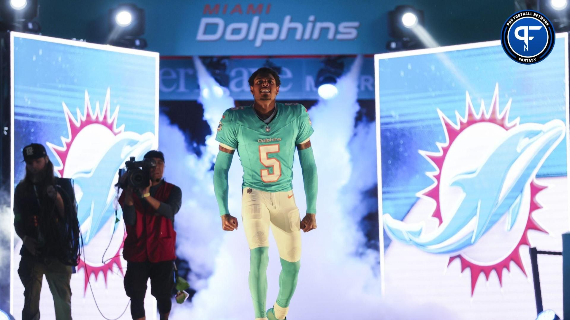 Miami Dolphins cornerback Jalen Ramsey (5) takes to the field prior to the game against the Tennessee Titans at Hard Rock Stadium.