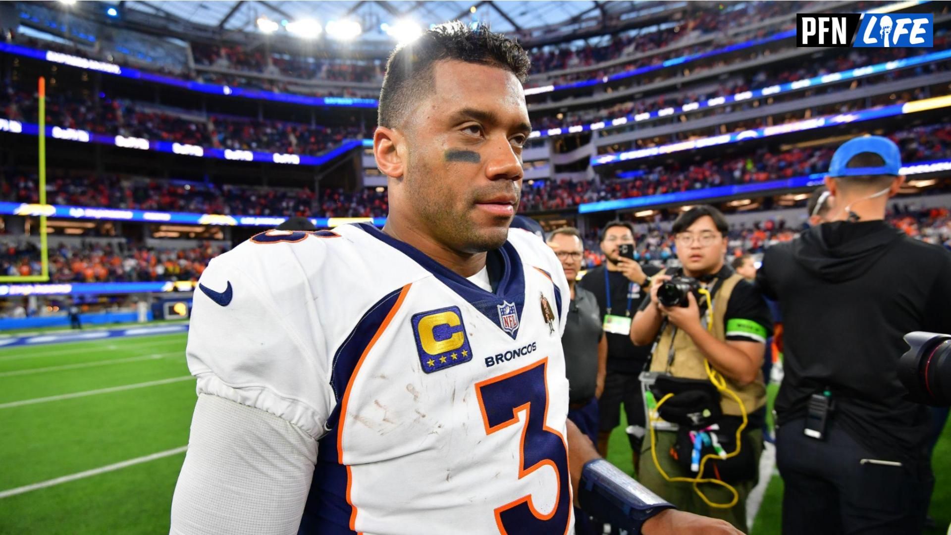 Denver Broncos quarterback Russell Wilson (3) reacts following the victory against the Los Angeles Chargers at SoFi Stadium.