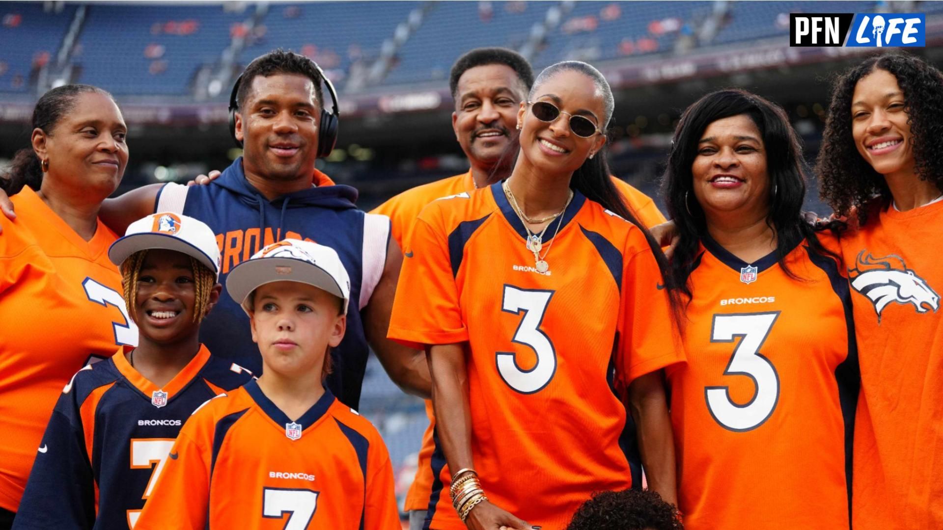 Denver Broncos quarterback Russell Wilson (3) and wife Ciara Wilson and family react before a preseason game against the Dallas Cowboys at Empower Field at Mile High.