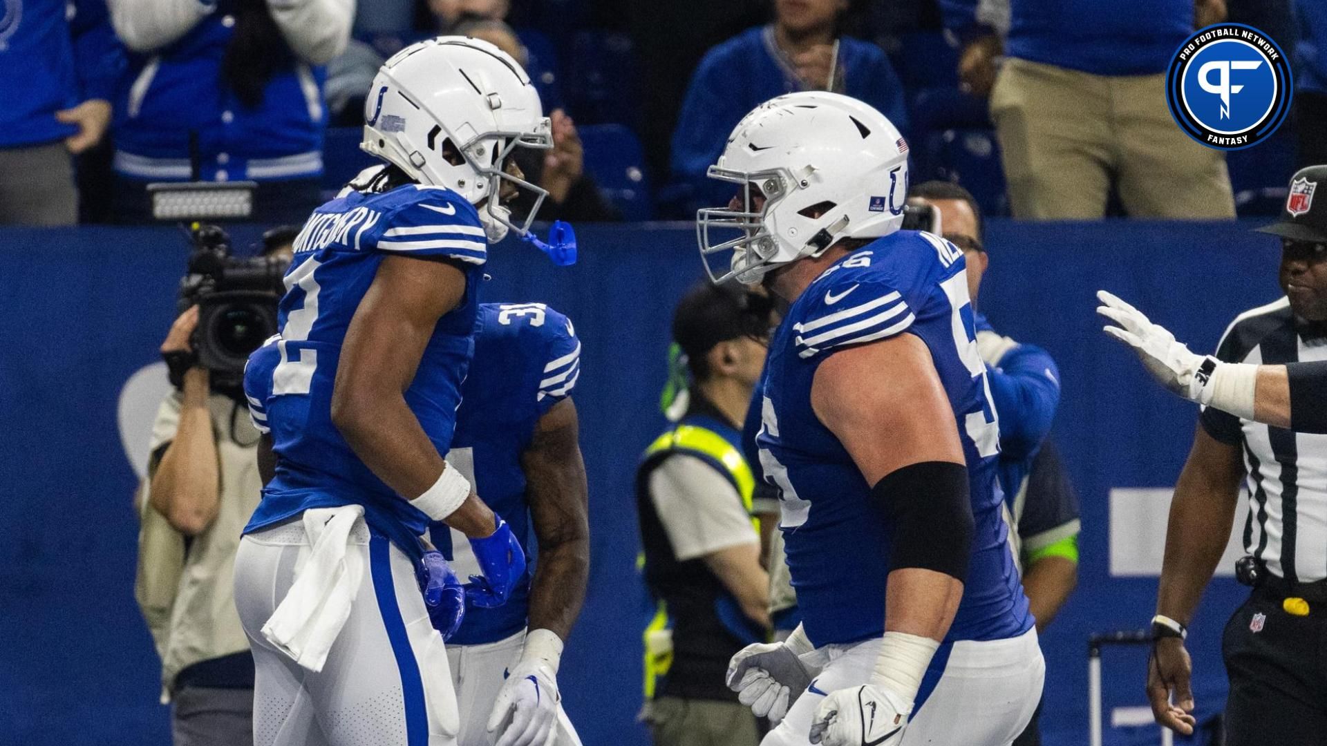 Indianapolis Colts wide receiver D.J. Montgomery (2) celebrates his touchdown with teammates in the first half against the Pittsburgh Steelers at Lucas Oil Stadium.