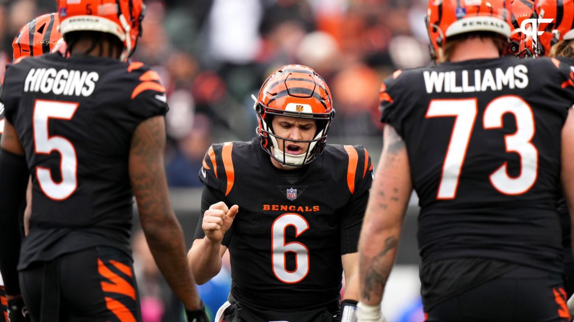 Cincinnati Bengals quarterback Jake Browning (6) calls a play in the huddle in the second quarter against the Minnesota Vikings at Paycor Stadium.