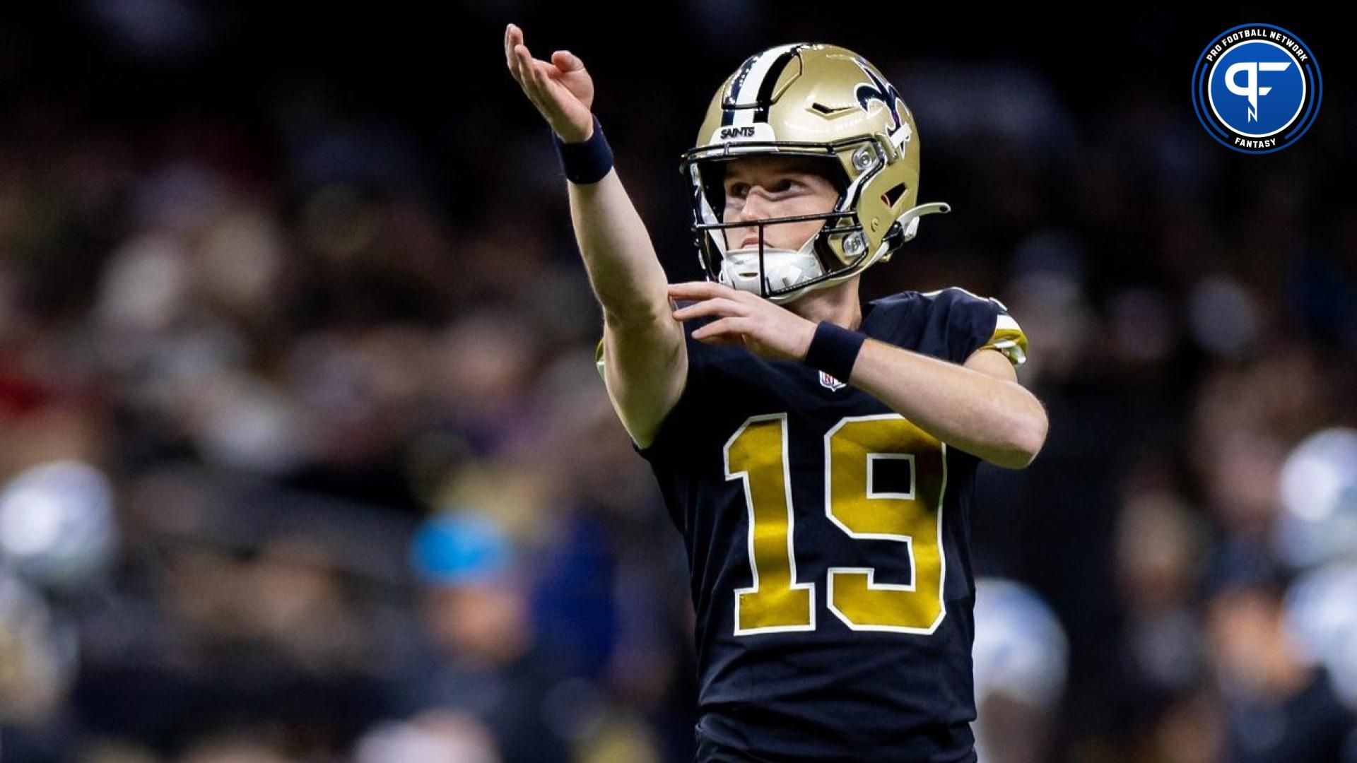 New Orleans Saints place kicker Blake Grupe (19) lines up a field goal attempt against the Carolina Panthers during the first half at the Caesars Superdome.