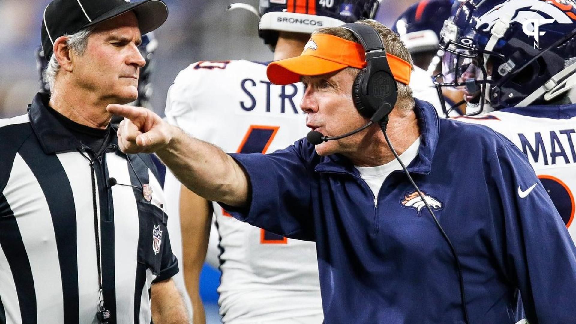 Denver Broncos head coach Sean Payton talks to a referee during the second half against the Detroit Lions at Ford Field in Detroit on Saturday, Dec. 16, 2023.