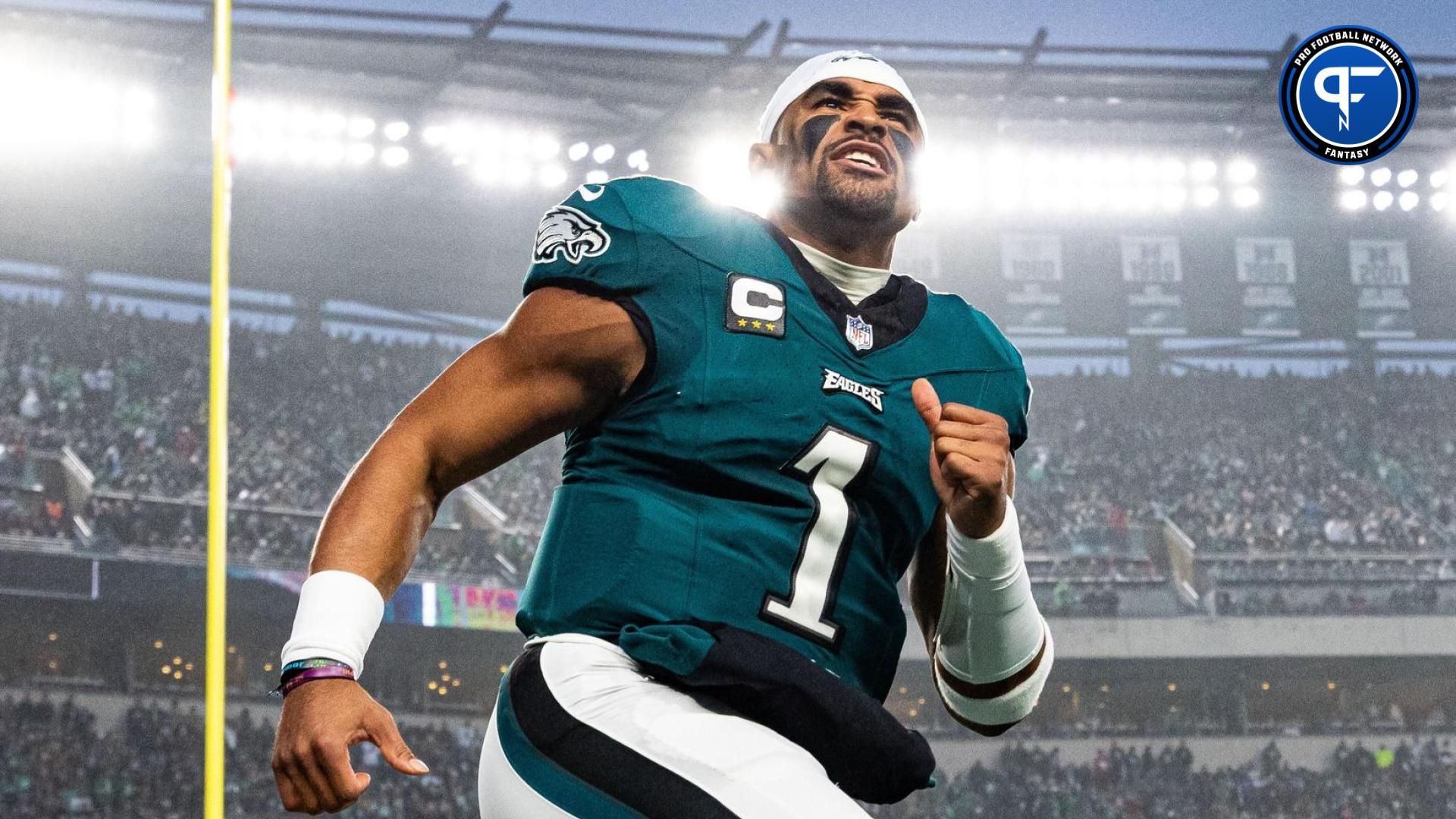 Philadelphia Eagles quarterback Jalen Hurts (1) reacts before the start of action against the San Francisco 49ers at Lincoln Financial Field.