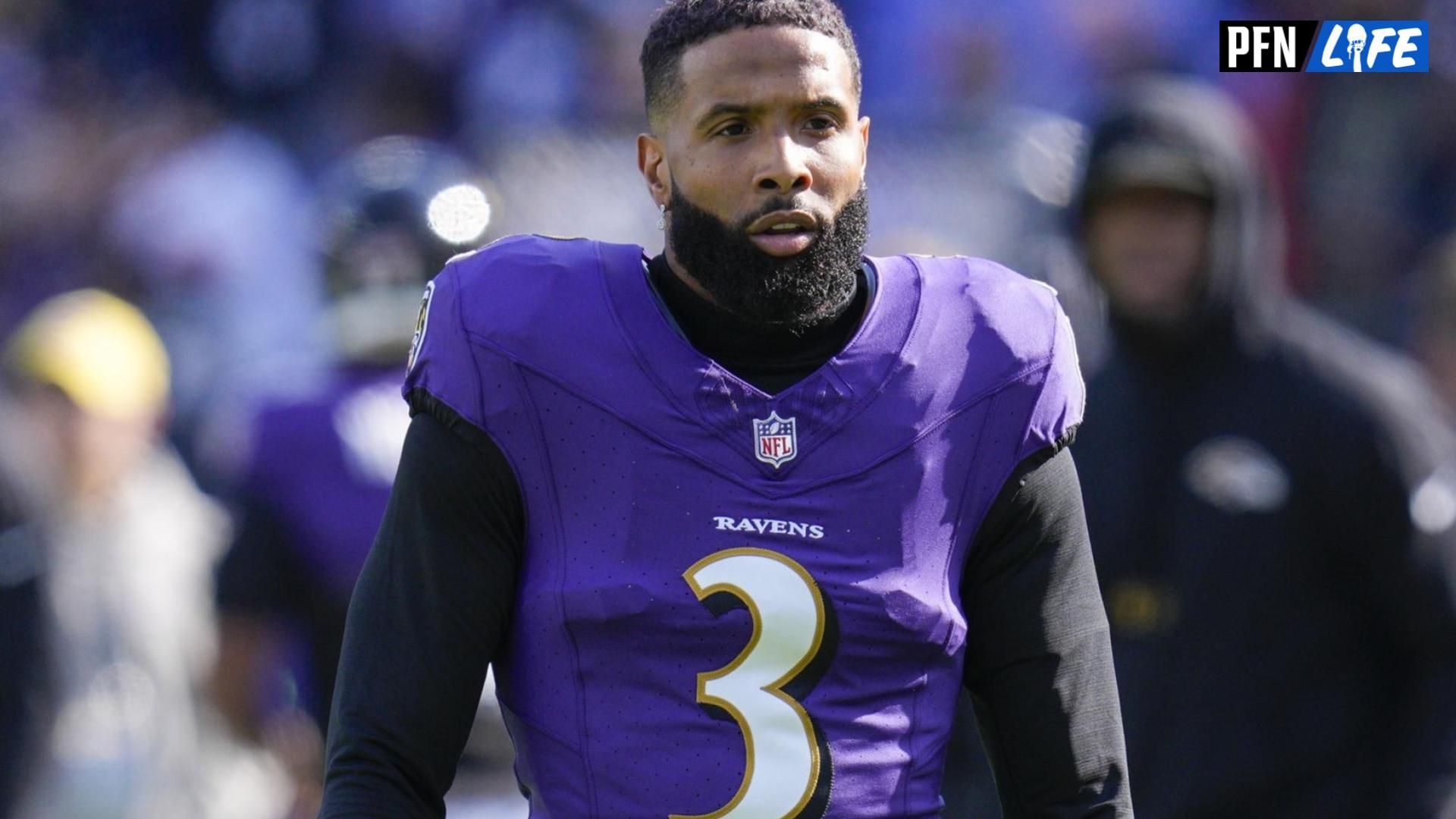 Baltimore Ravens wide receiver Odell Beckham Jr. (3) looks on before a game against the Cleveland Browns at M&T Bank Stadium.