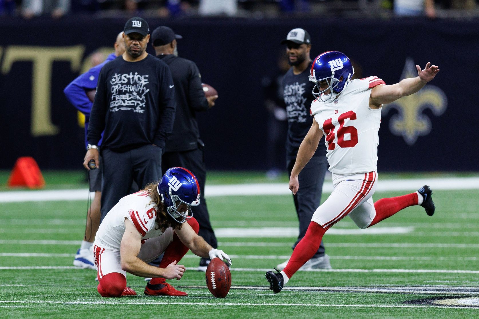 New York Giants place kicker Randy Bullock (46) warms up before the game against the New Orleans Saints at Caesars Superdome.