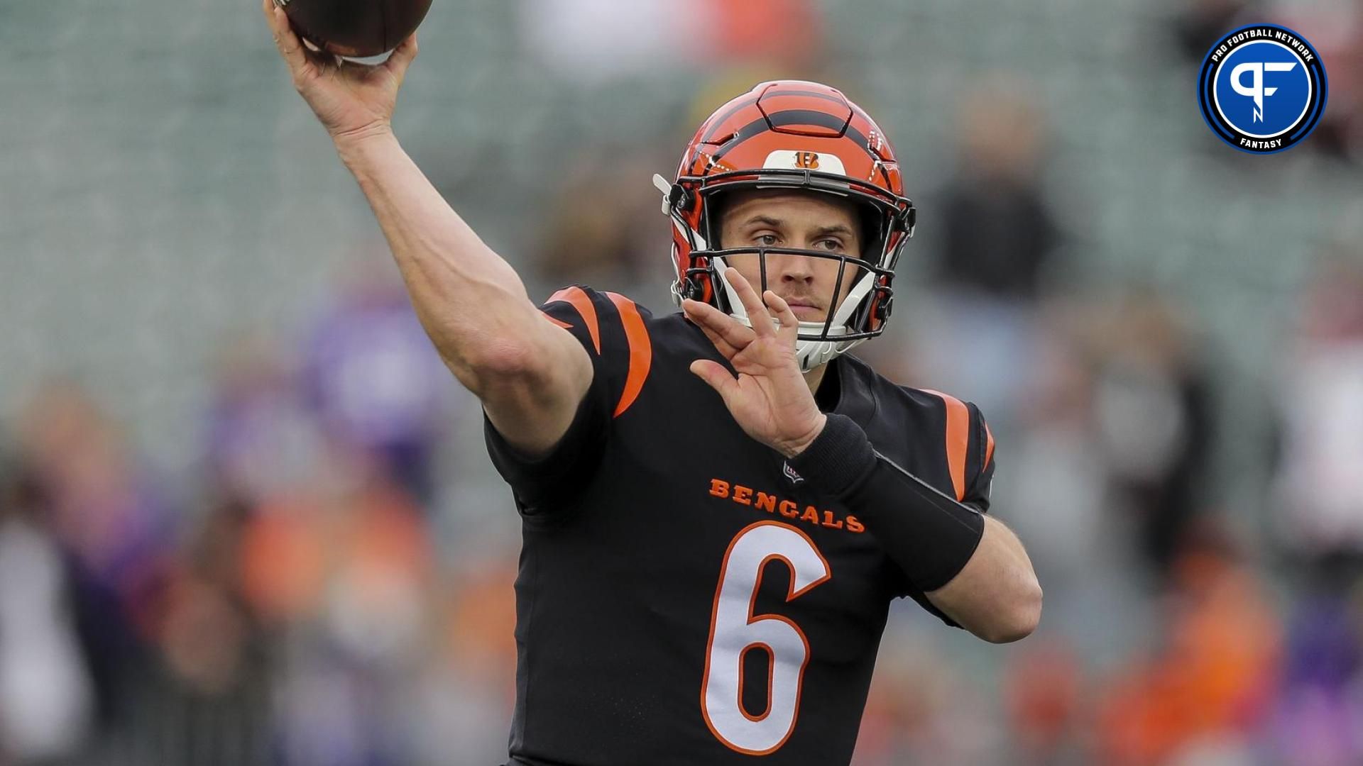 Cincinnati Bengals quarterback Jake Browning (6) throws a pass during warmups before the game against the Minnesota Vikings at Paycor Stadium.