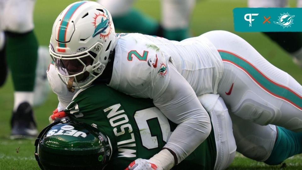 Bradley Chubb (2) sacks New York Jets quarterback Zach Wilson (2) during the first half of an NFL game at Hard Rock Stadium.