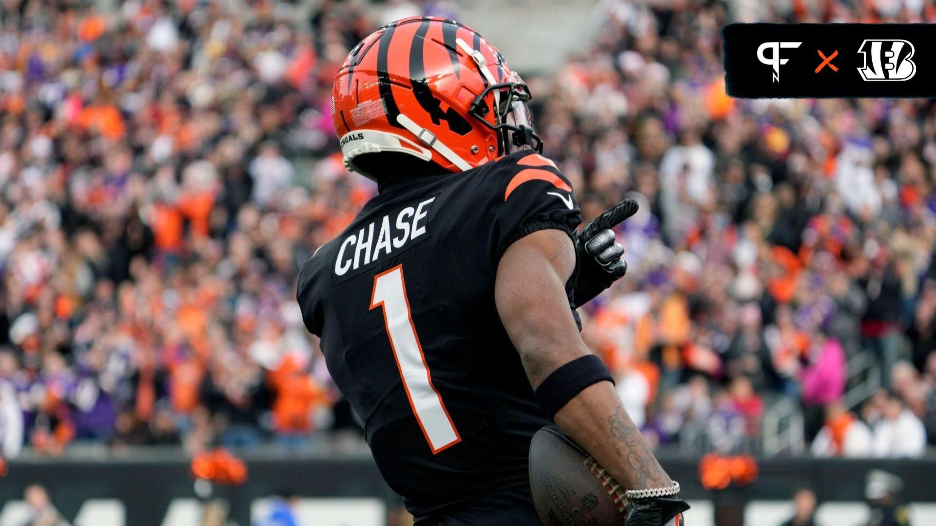 Cincinnati Bengals wide receiver Ja'Marr Chase (1) points to the crowd as the Bengals face the Minnesota Vikings at Paycor Stadium Saturday, December 16, 2023.