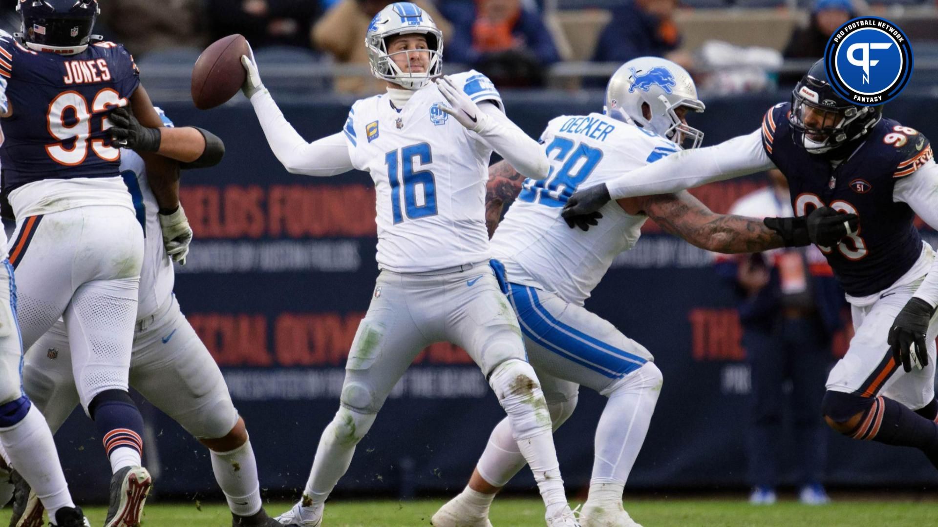 Detroit Lions quarterback Jared Goff (16) passes against the Chicago Bears at Soldier Field.