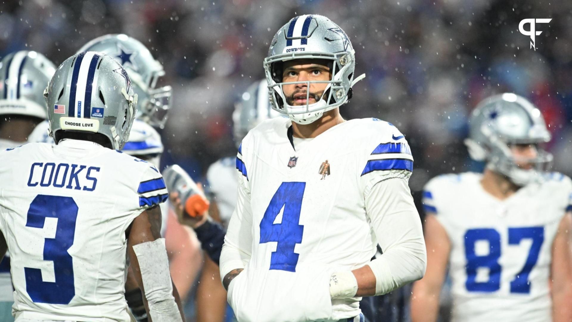 Dallas Cowboys quarterback Dak Prescott (4) looks on in the second half against the Buffalo Bills at Highmark Stadium.