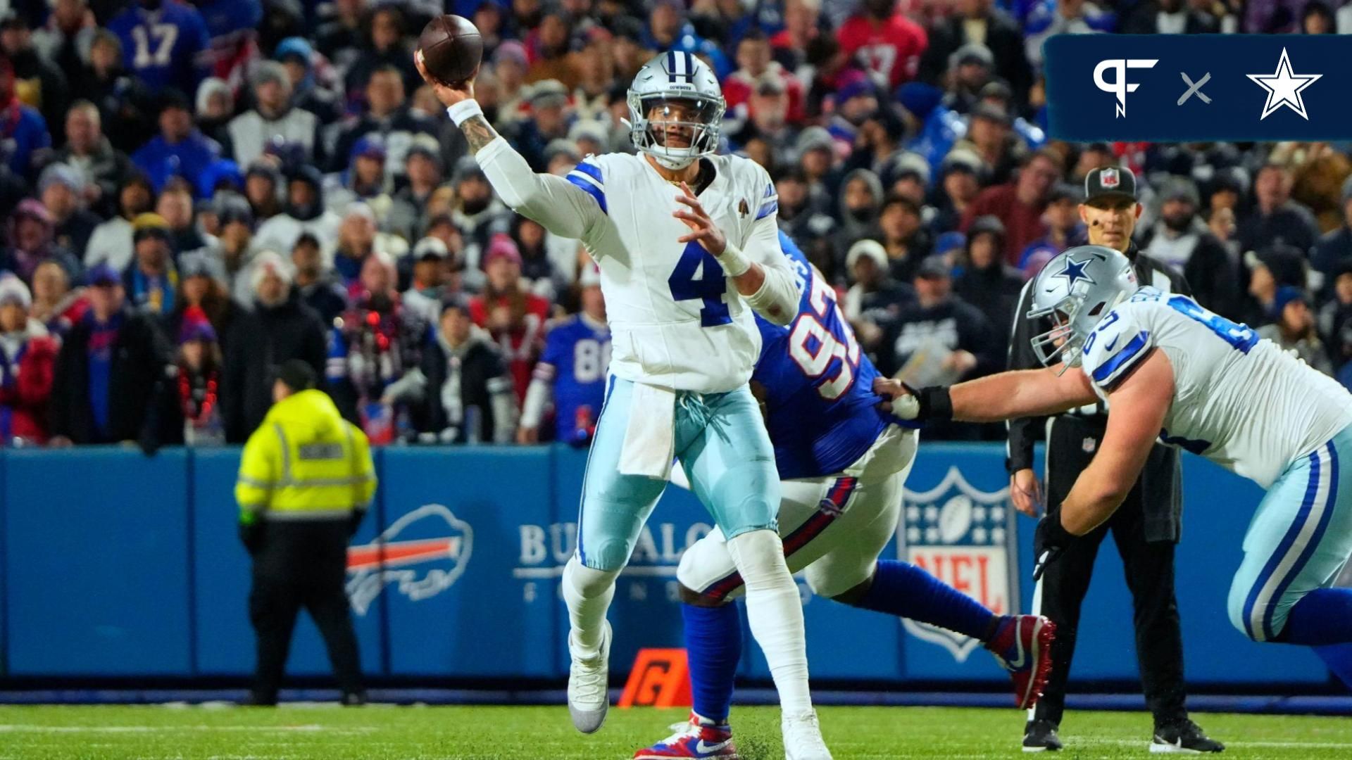 Dallas Cowboys quarterback Dak Prescott (4) looks to throw the ball in the first half against the Buffalo Bills at Highmark Stadium.