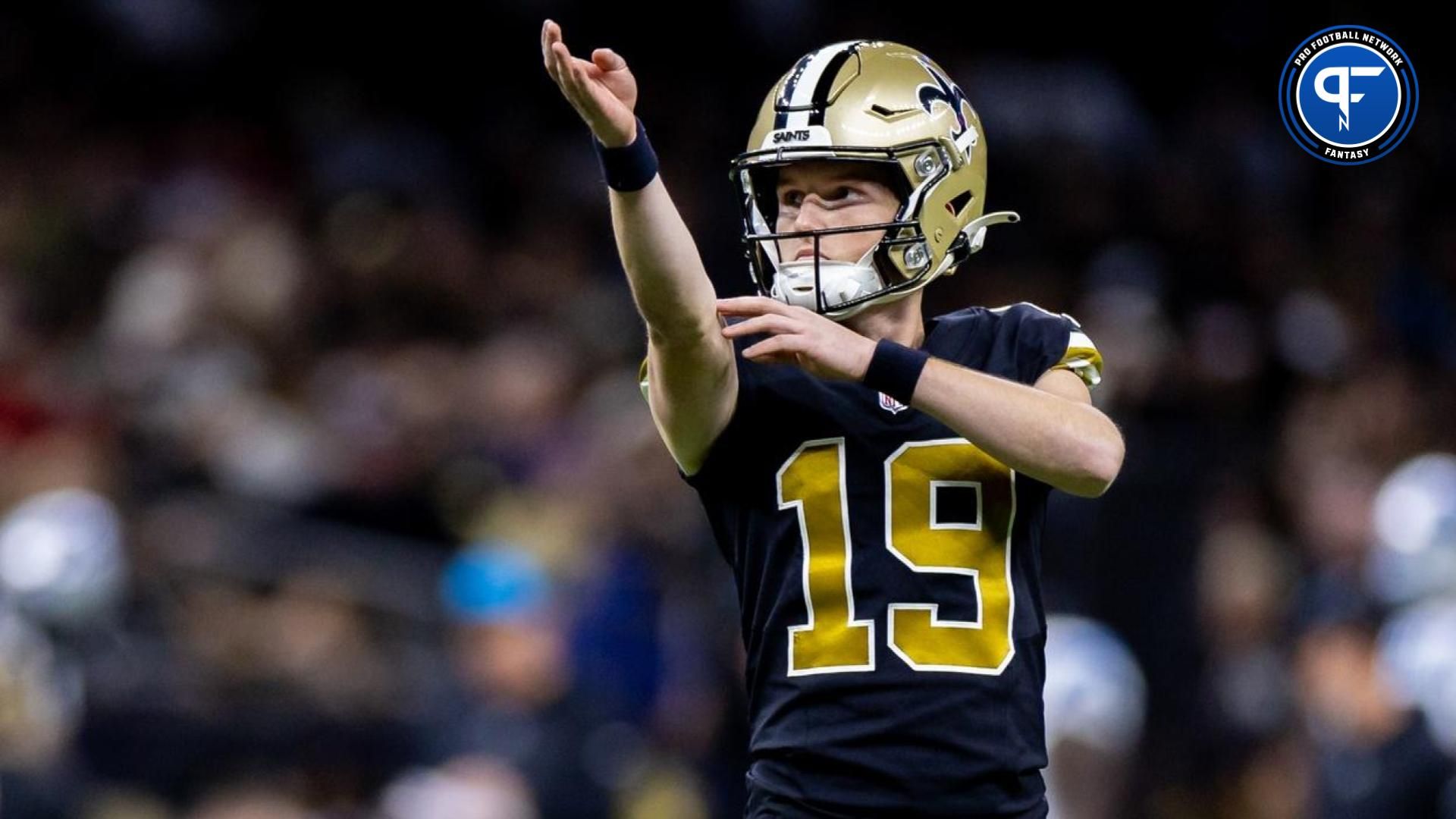 New Orleans Saints place kicker Blake Grupe (19) lines up a field goal attempt against the Carolina Panthers during the first half at the Caesars Superdome.