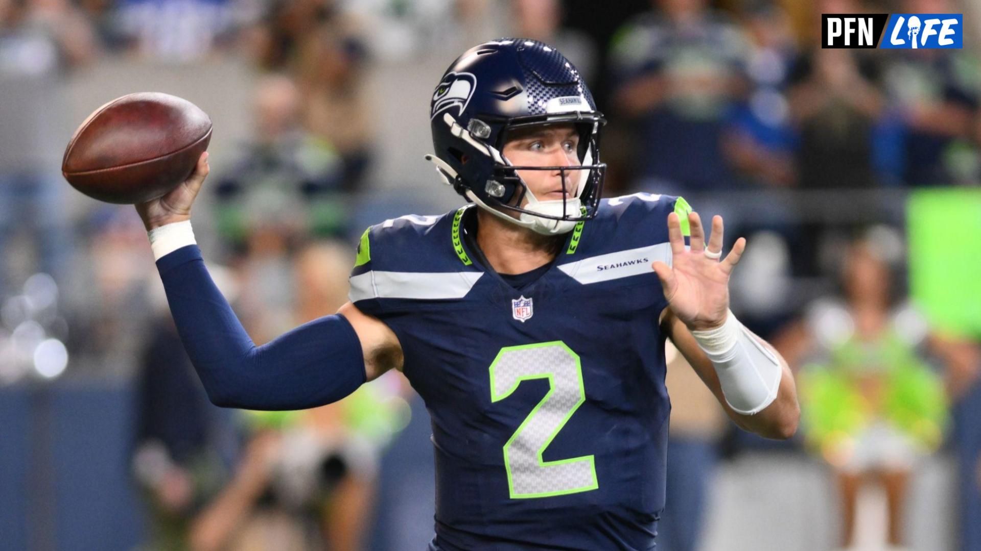 Seattle Seahawks quarterback Drew Lock (2) passes the ball during the second half against the Minnesota Vikings at Lumen Field.