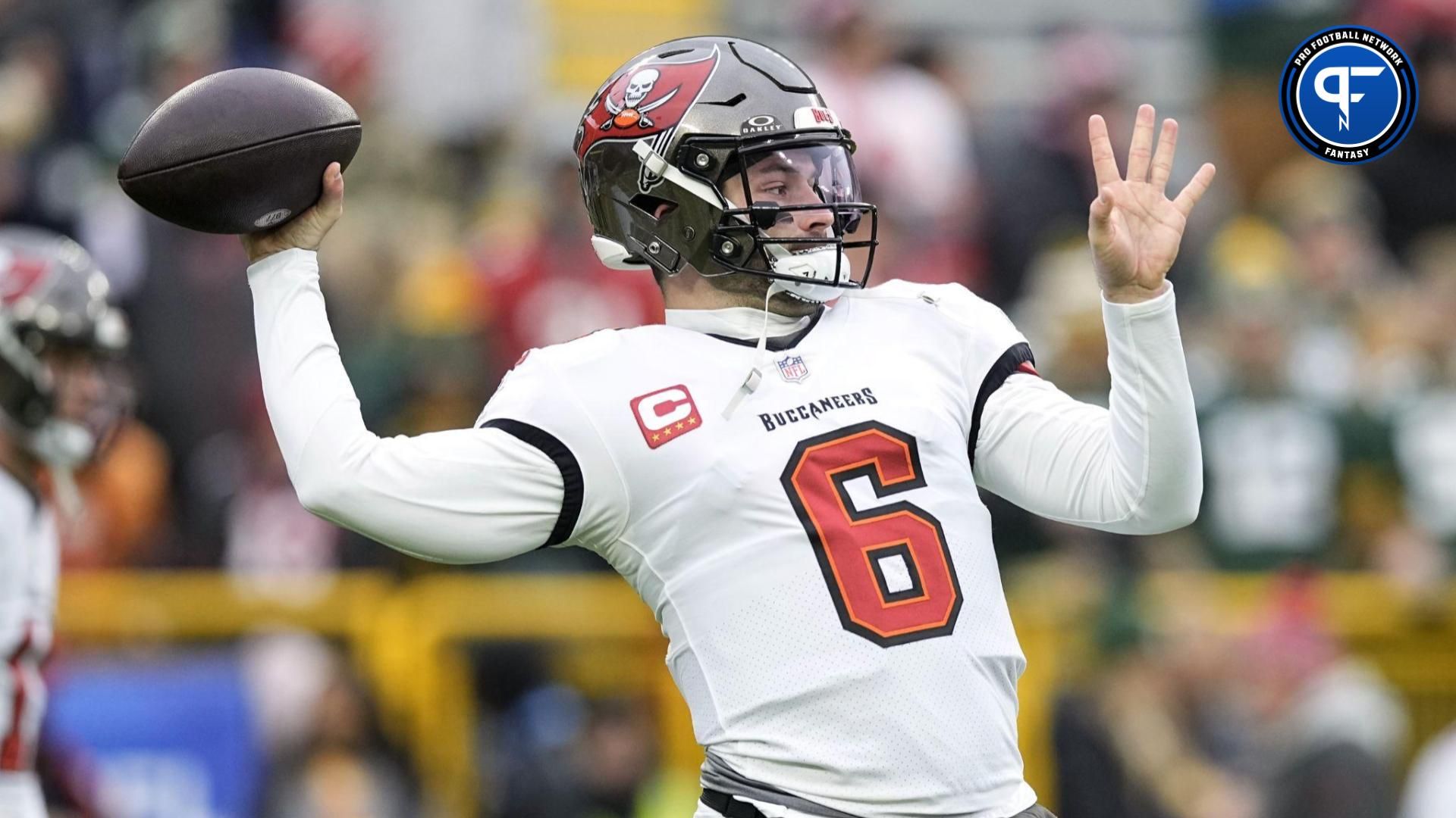 Tampa Bay Buccaneers quarterback Baker Mayfield (6) throws a pass during warmups prior to the game against the Green Bay Packers at Lambeau Field.