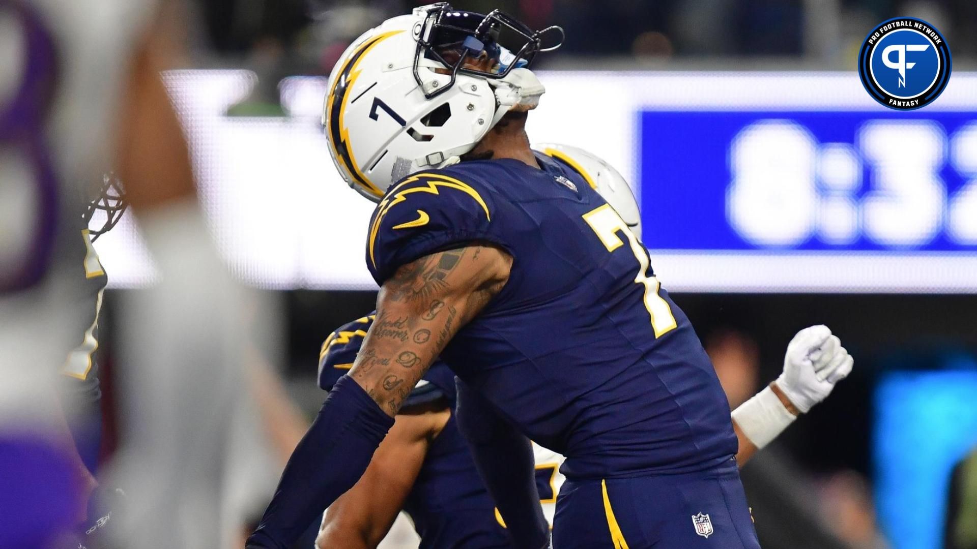 Los Angeles Chargers tight end Gerald Everett (7) celebrates his touchdown scored against the Baltimore Ravens during the second half at SoFi Stadium.