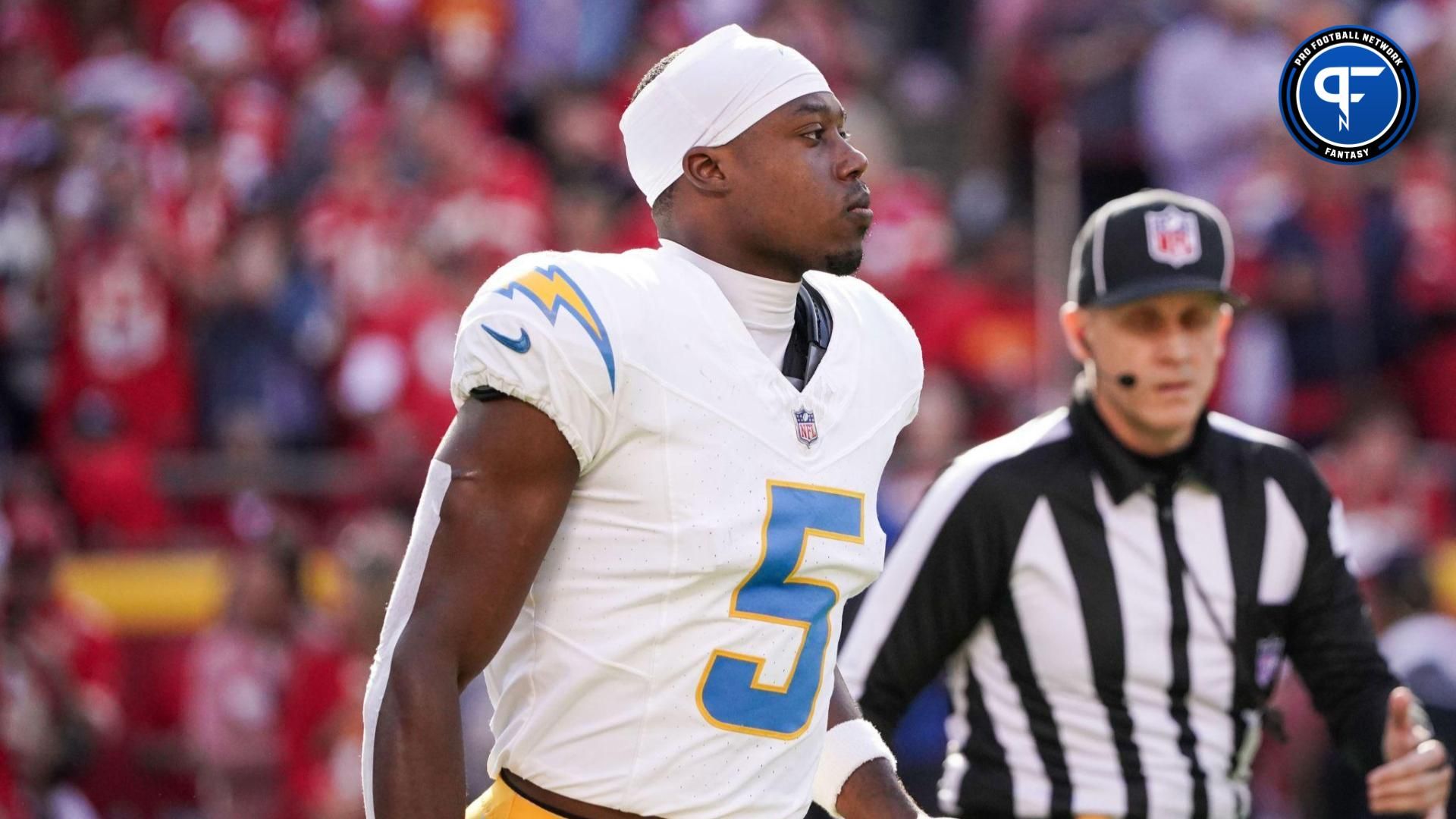 Los Angeles Chargers wide receiver Joshua Palmer (5) takes the field against the Kansas City Chiefs prior to a game at GEHA Field at Arrowhead Stadium.