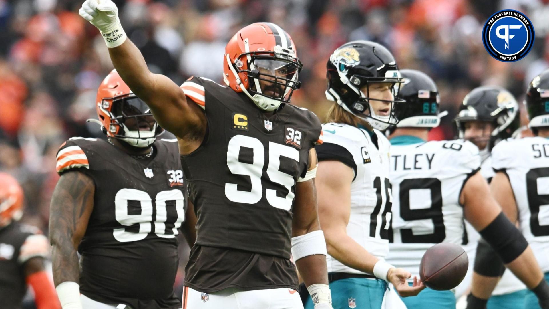 Cleveland Browns defensive end Myles Garrett (95) celebrates after the Jacksonville Jaguars were called for a penalty during the first quarter at Cleveland Browns Stadium.