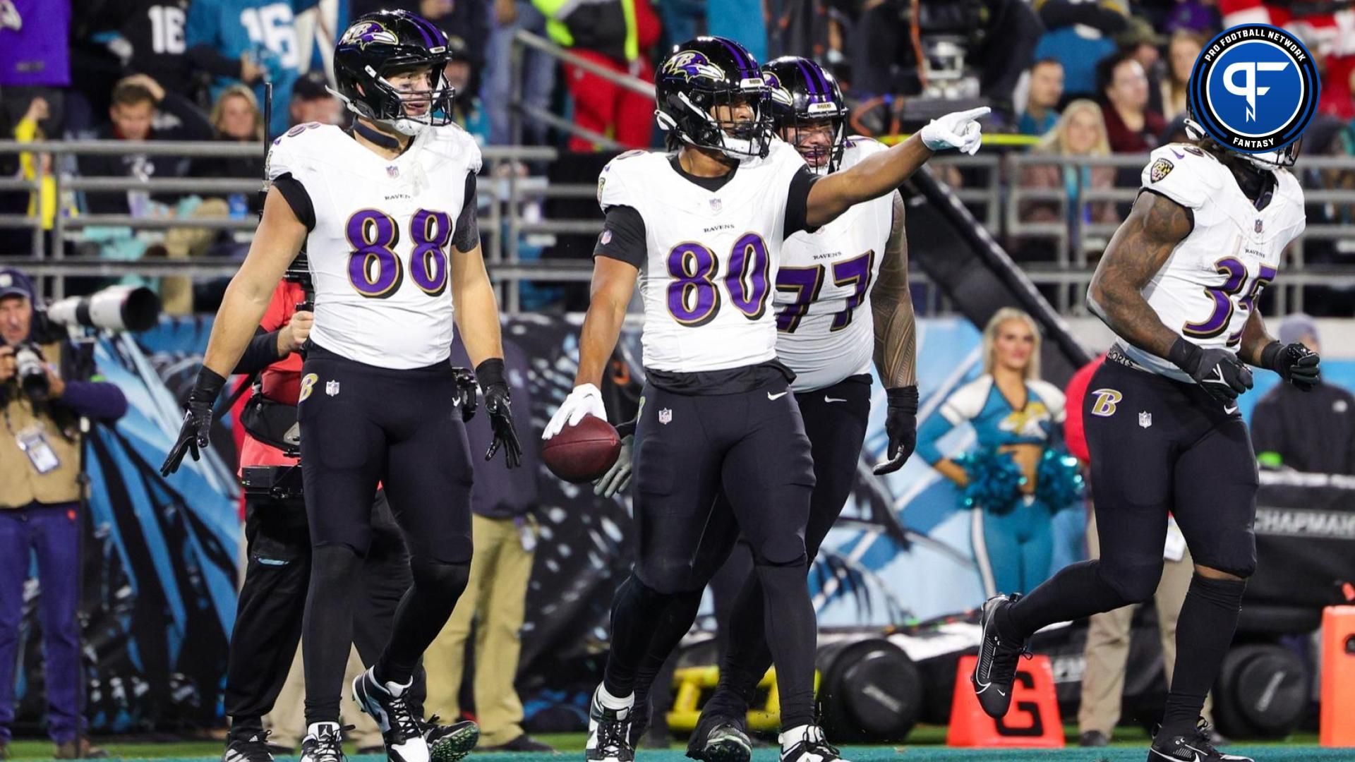 Baltimore Ravens tight end Isaiah Likely (80) celebrates after scoring a touchdown against the Jacksonville Jaguars in the second quarter at EverBank Stadium.