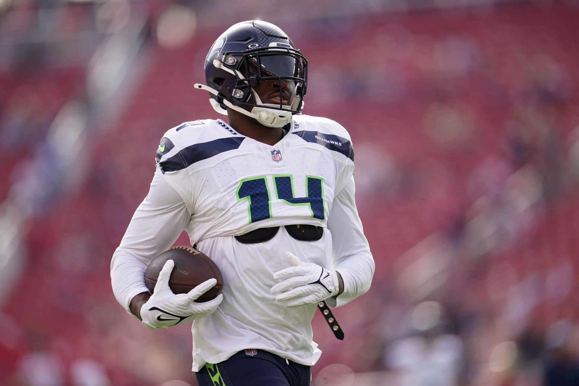 Seattle Seahawks wide receiver DK Metcalf (14) runs with the ball before the start of the game against the San Francisco 49ers at Levi's Stadium.