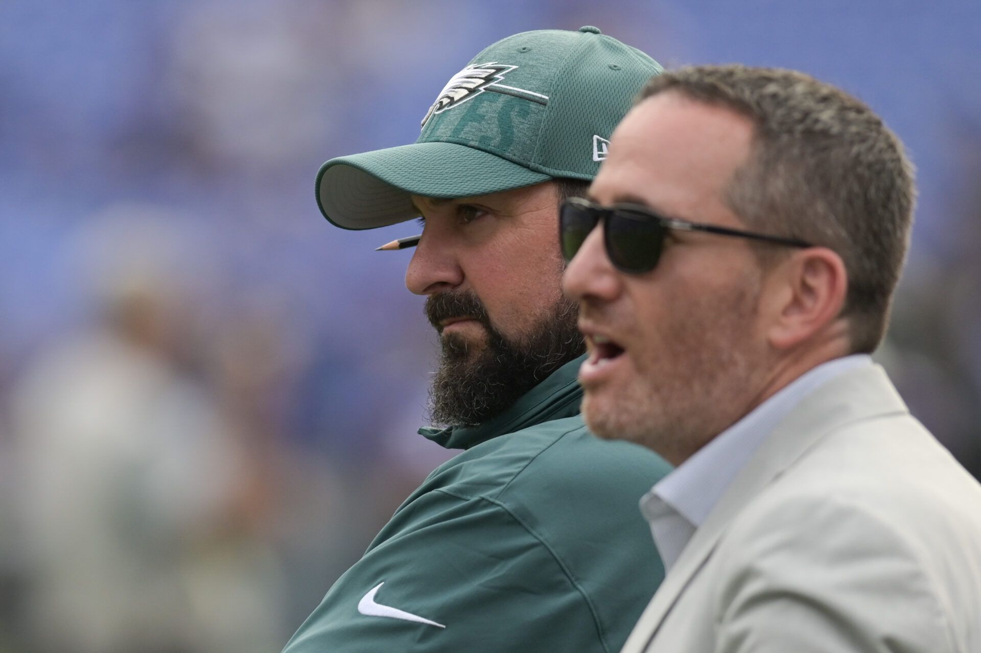 Philadelphia Eagles assistant coach Matt Patricia stands with general manager Howie Roseman before the game against the Baltimore Ravens at M&T Bank Stadium.