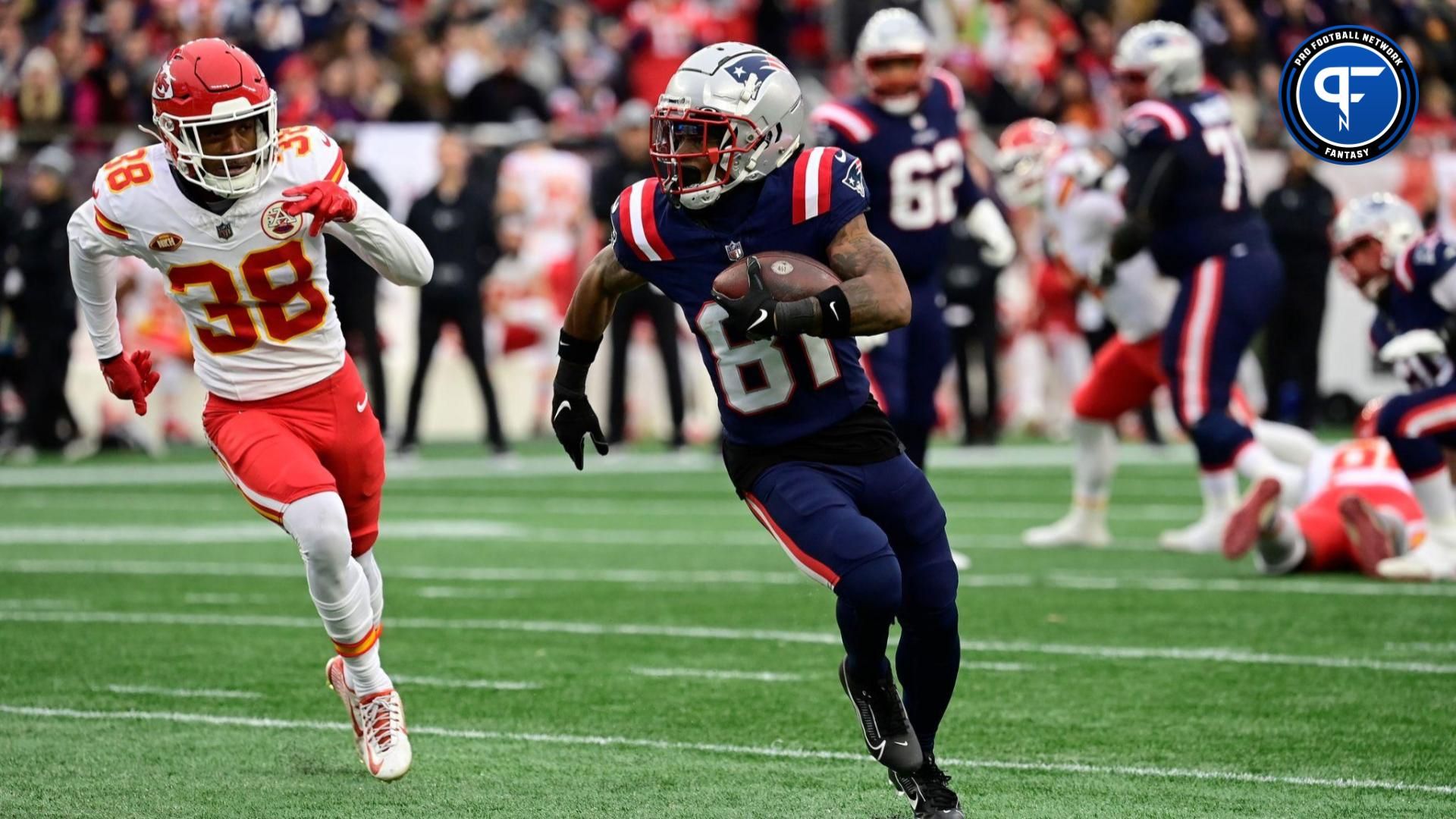 New England Patriots wide receiver Demario Douglas (81) runs the ball against the Kansas City Chiefs during the first half at Gillette Stadium.