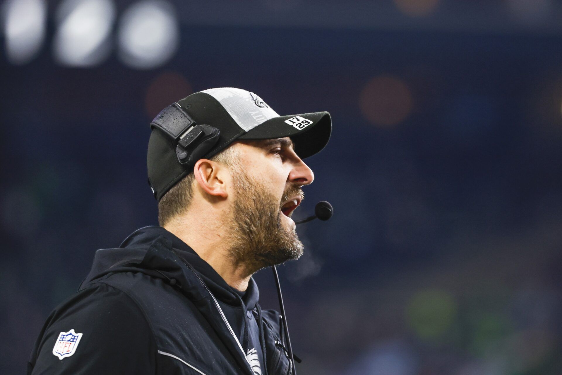 Philadelphia Eagles head coach Nick Sirianni reacts to a penalty against the Seattle Seahawks during the second quarter at Lumen Field.