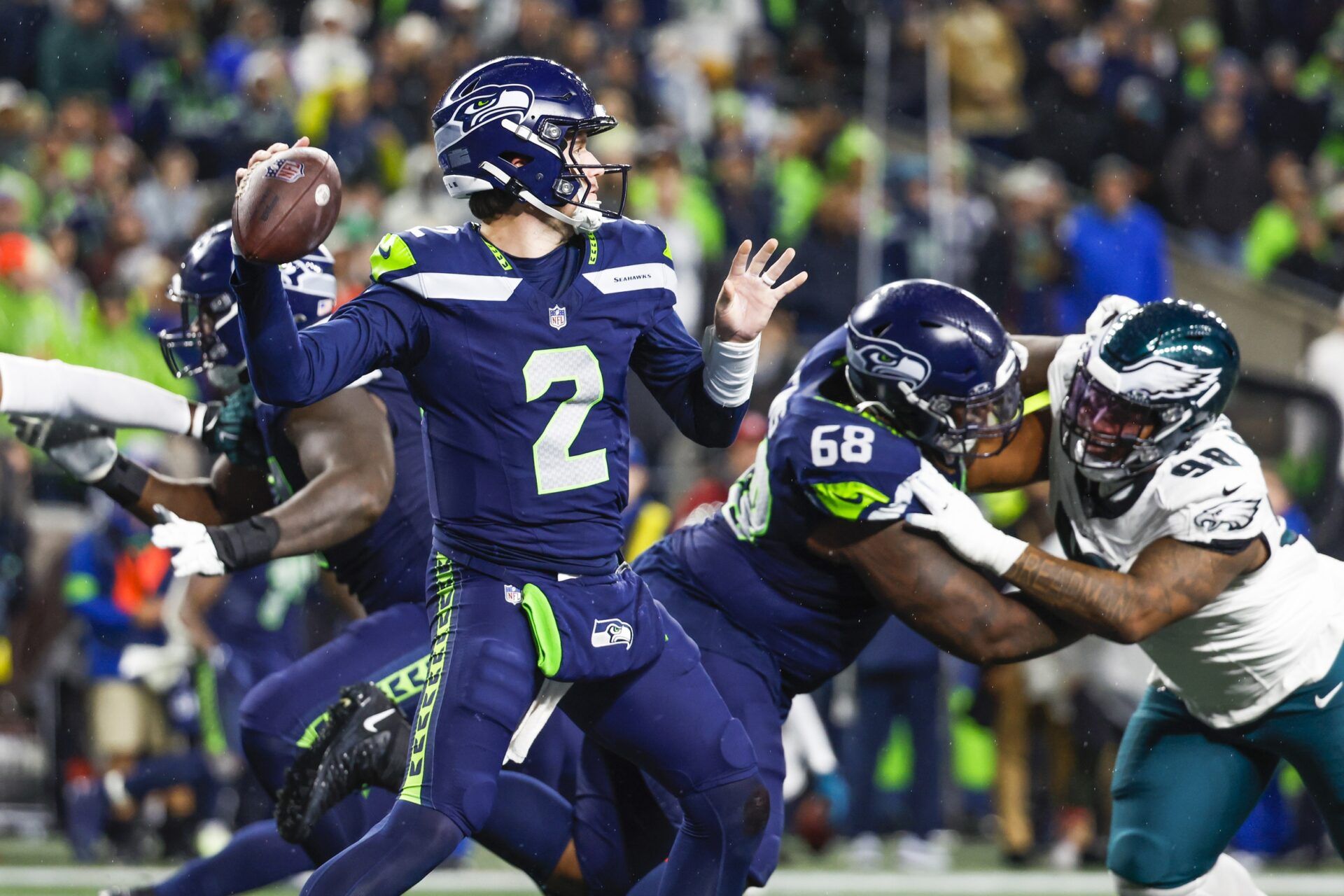 Seattle Seahawks quarterback Drew Lock (2) passes against the Philadelphia Eagles during the fourth quarter at Lumen Field.