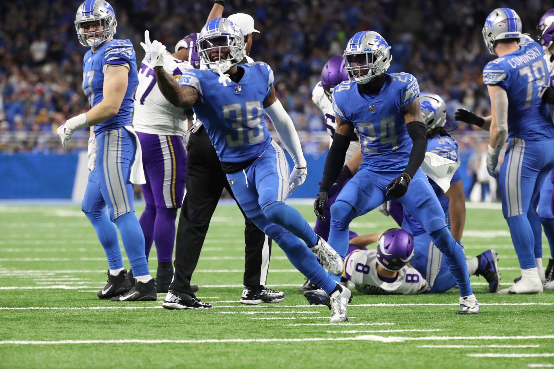 Detroit Lions cornerback Jerry Jacobs (39) celebrates his sack on Minnesota Vikings quarterback Kirk Cousins (8) during second half action Sunday, December 11, 2022.