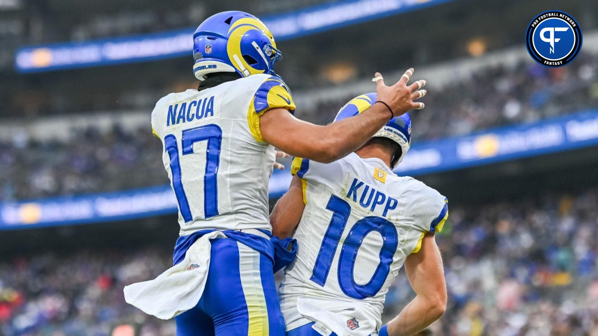 Los Angeles Rams wide receiver Cooper Kupp (10) celebrates with wide receiver Puka Nacua (17) after scoring a second quarter touchdown during the at M&T Bank Stadium.