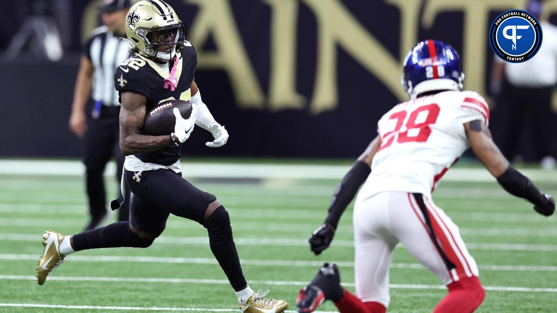 New Orleans Saints wide receiver Rashid Shaheed (22) runs with the ball during the first half against the New York Giants at Caesars Superdome.