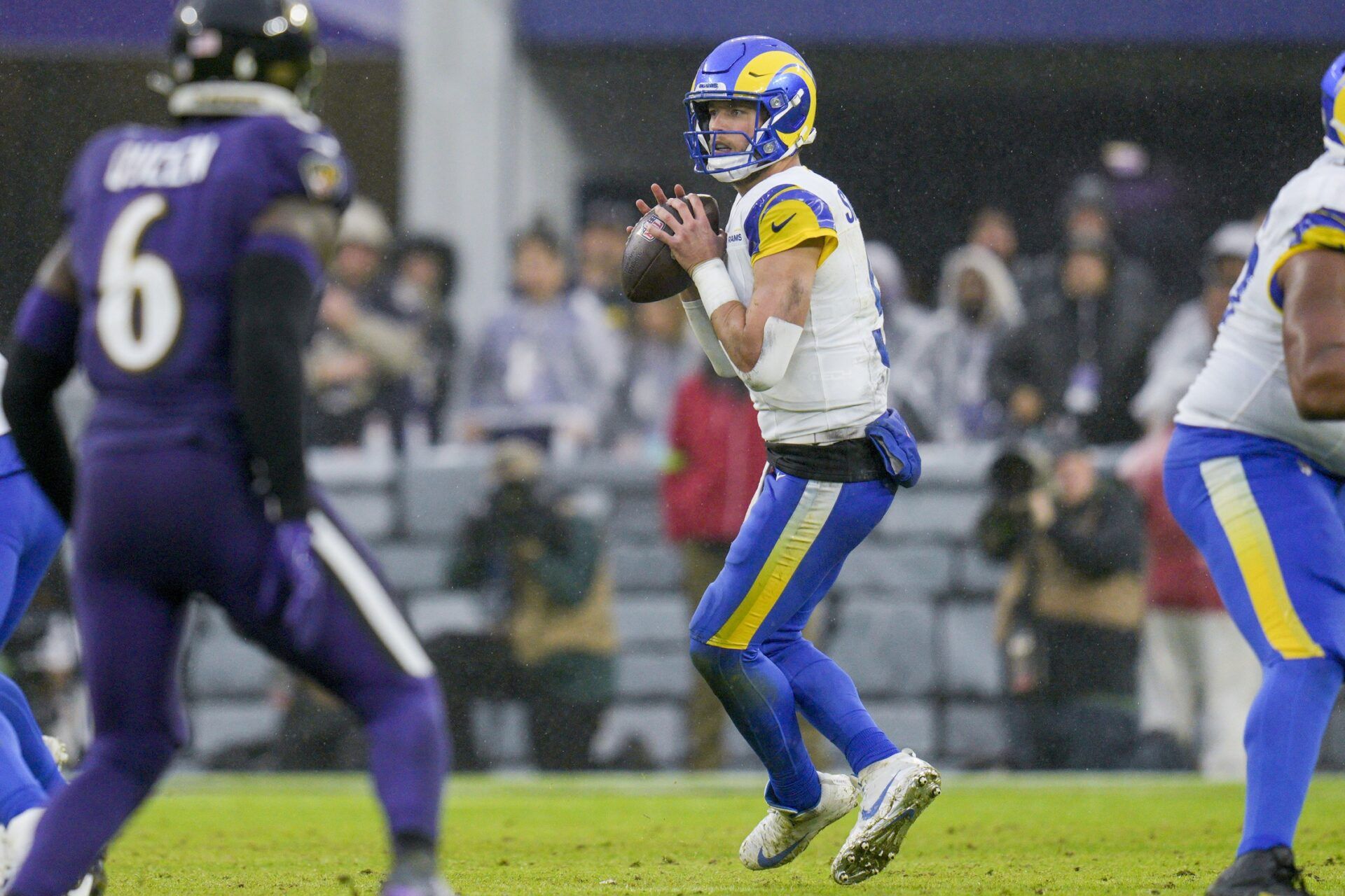 Los Angeles Rams quarterback Matthew Stafford (9) looks to pass against the Baltimore Ravens during the third quarter at M&T Bank Stadium.