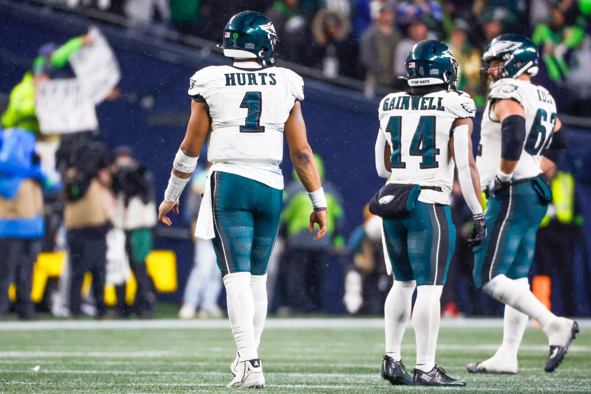 Philadelphia Eagles quarterback Jalen Hurts (1) walks to sideline after throwing an interception against the Seattle Seahawks during the fourth quarter at Lumen Field.